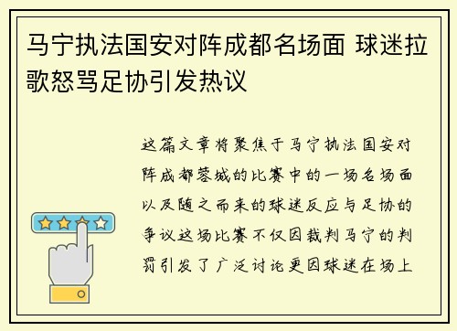 马宁执法国安对阵成都名场面 球迷拉歌怒骂足协引发热议