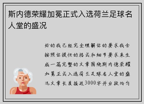 斯内德荣耀加冕正式入选荷兰足球名人堂的盛况 斯内德荣耀加冕正式入选荷兰足球名人堂的盛况
